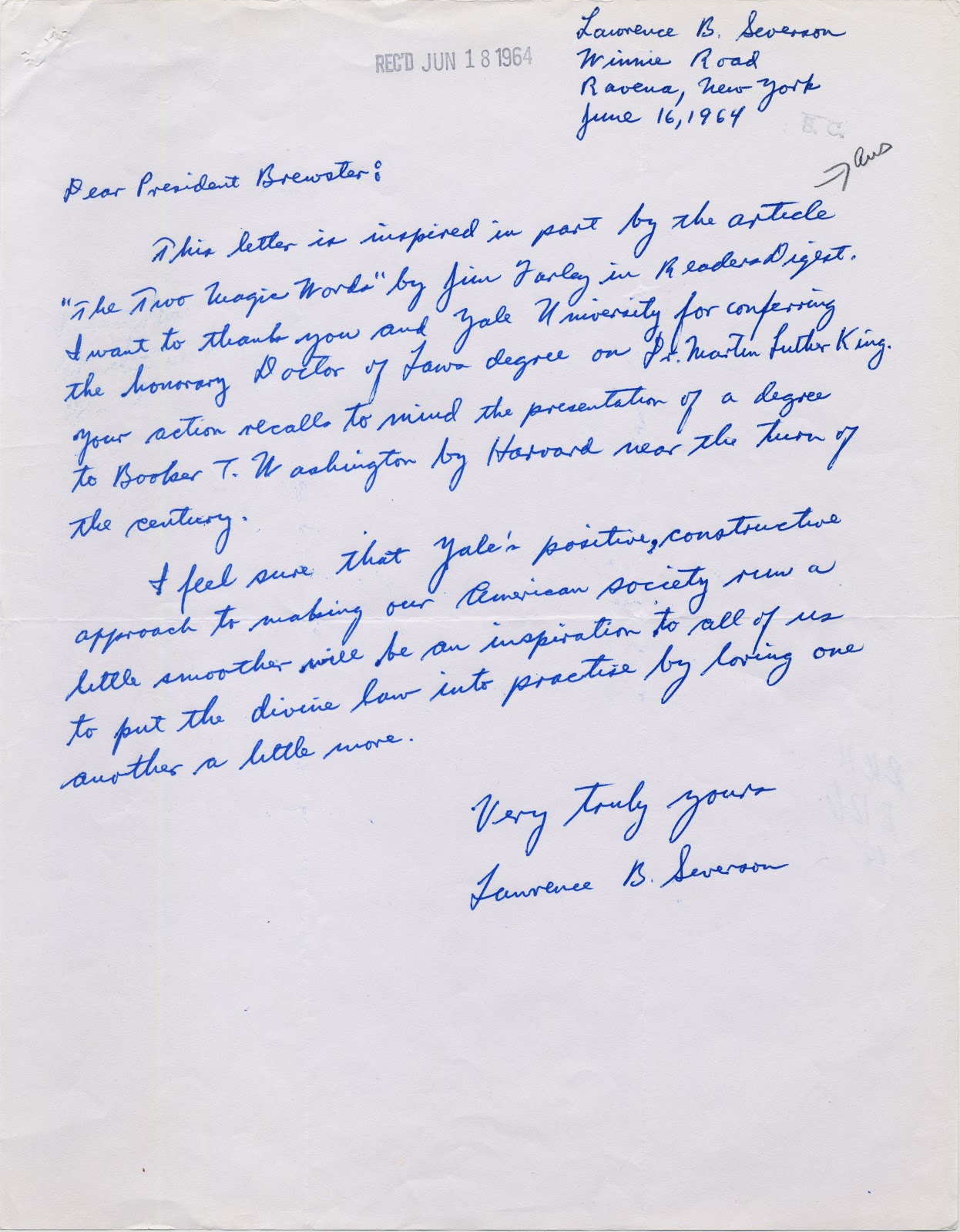 Letter From Lawrence B. Severson To President Kingman Brewster Jr ...